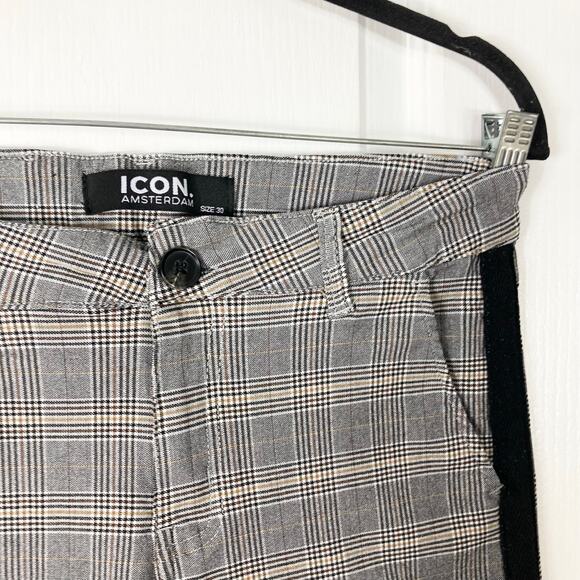 NWOT ICON AMSTERDAM Pants 30 Plaid Grey White  Black-Stripe Stretchy”Viera” - Picture 5 of 13